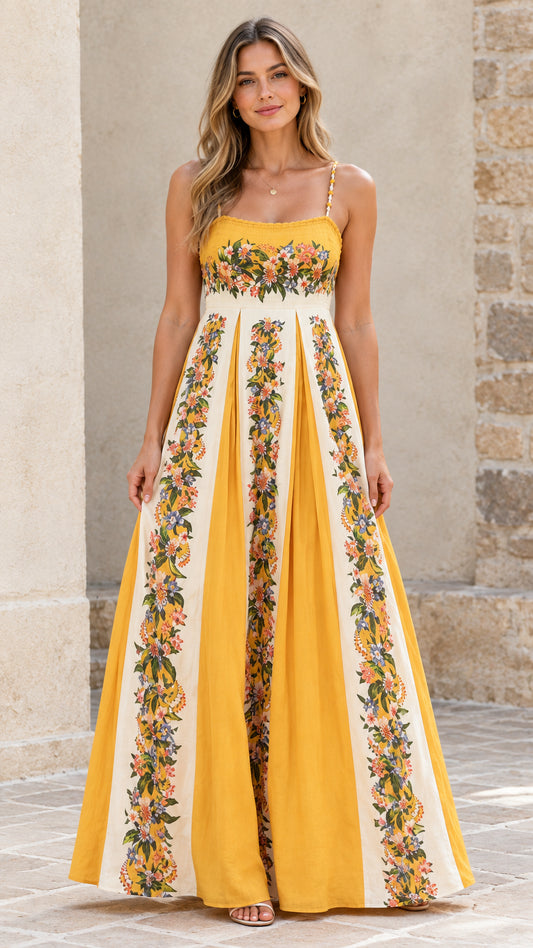 Front view of woman wearing yellow floral pleated maxi dress with daisy straps