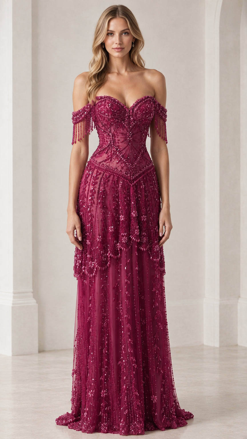 Front view of burgundy off-shoulder beaded evening gown with fringe details