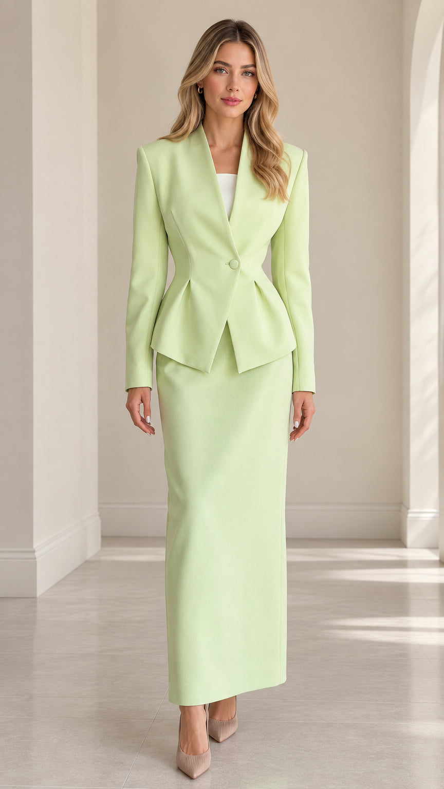 Front view of model wearing mint green peplum blazer and matching maxi skirt set