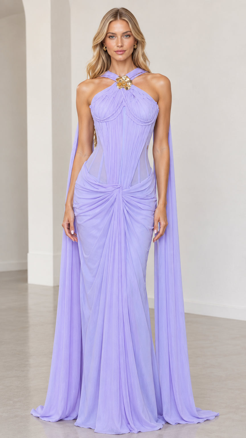 Full front view of model wearing lavender halter neck draped evening gown with corset bodice and shoulder drapes