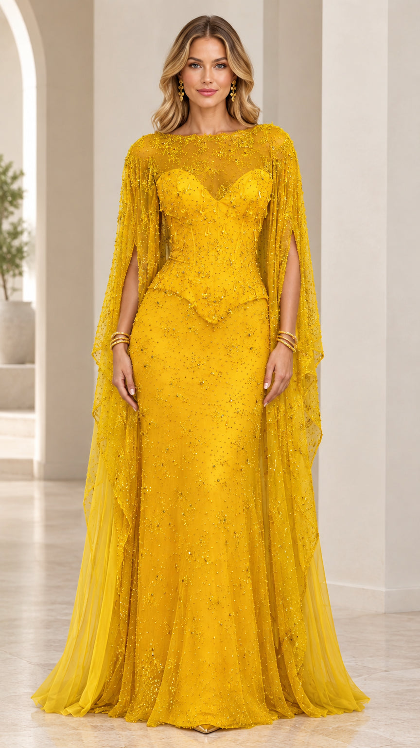 Front view of woman wearing Mustard Yellow embellished cape sleeve evening gown