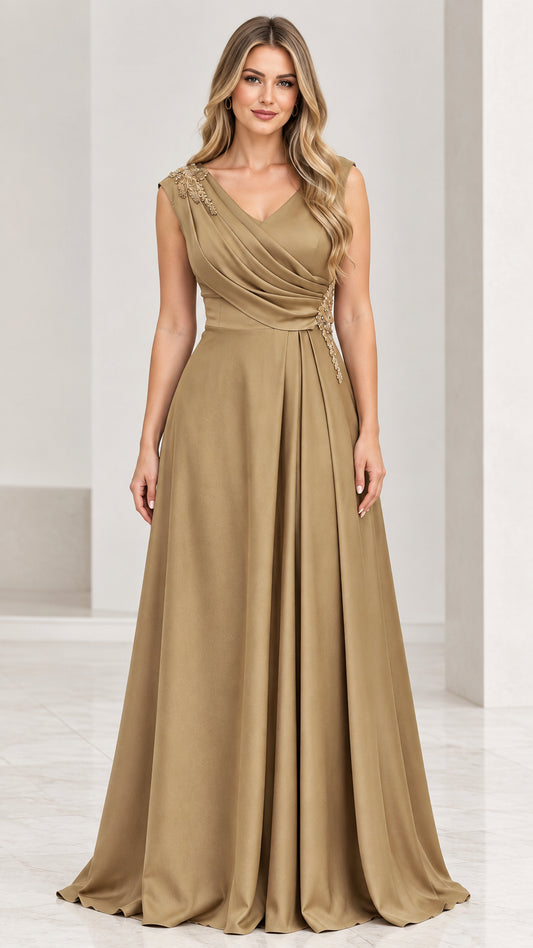 Full front view of elegant gold pleated V-neck floor-length evening gown