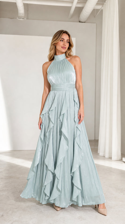 Front view of model wearing sage green high-neck pleated ruffle maxi dress