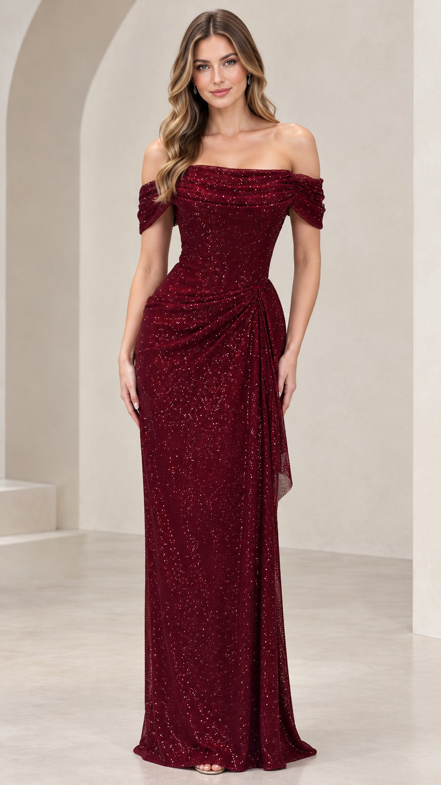 Front view of model wearing burgundy off-the-shoulder shimmer evening gown