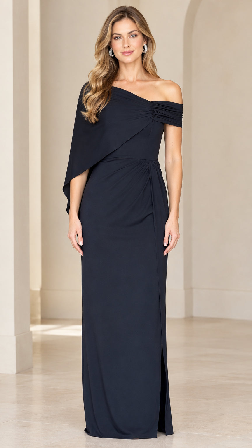Front view of woman wearing navy blue one-shoulder drape maxi formal gown