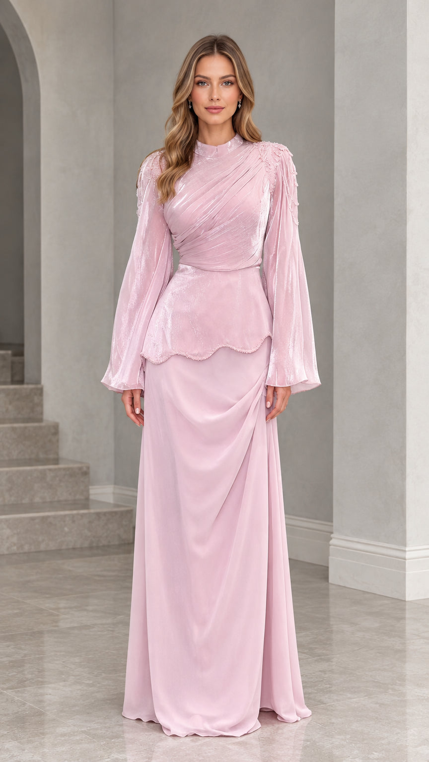 Dusty pink high neck long sleeve evening gown with peplum waist front view