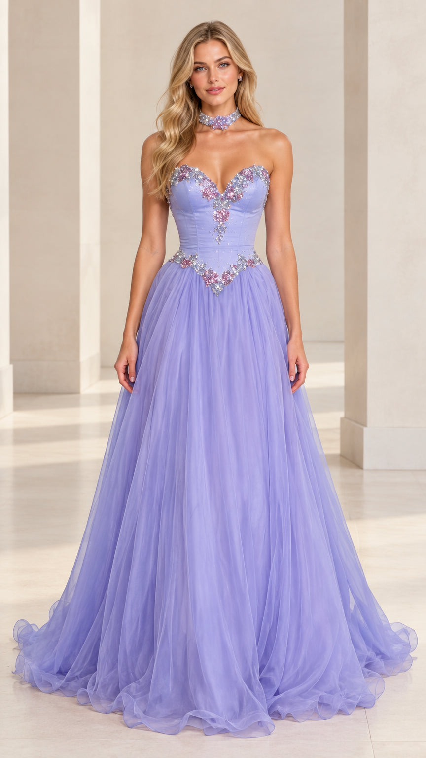 Front view of model wearing lavender beaded sweetheart tulle A-line evening gown