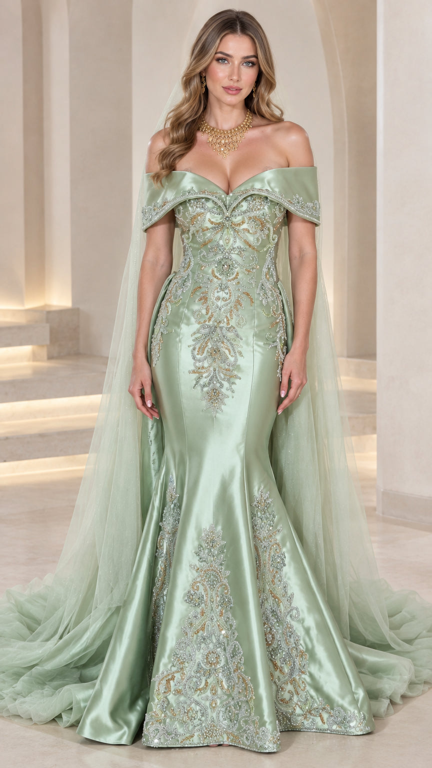 Front view of model wearing sage green off-the-shoulder mermaid gown with sheer cape