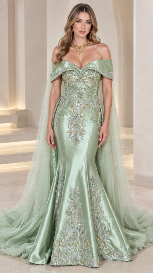 Front view of model wearing sage green off-the-shoulder mermaid gown with sheer cape