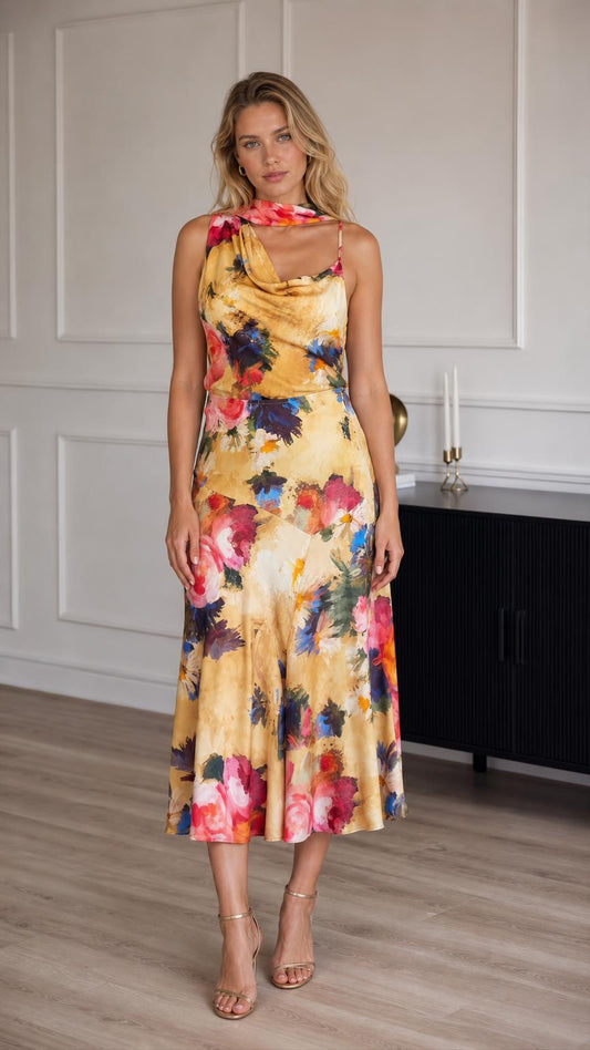 Model wearing yellow floral print satin midi dress from the front