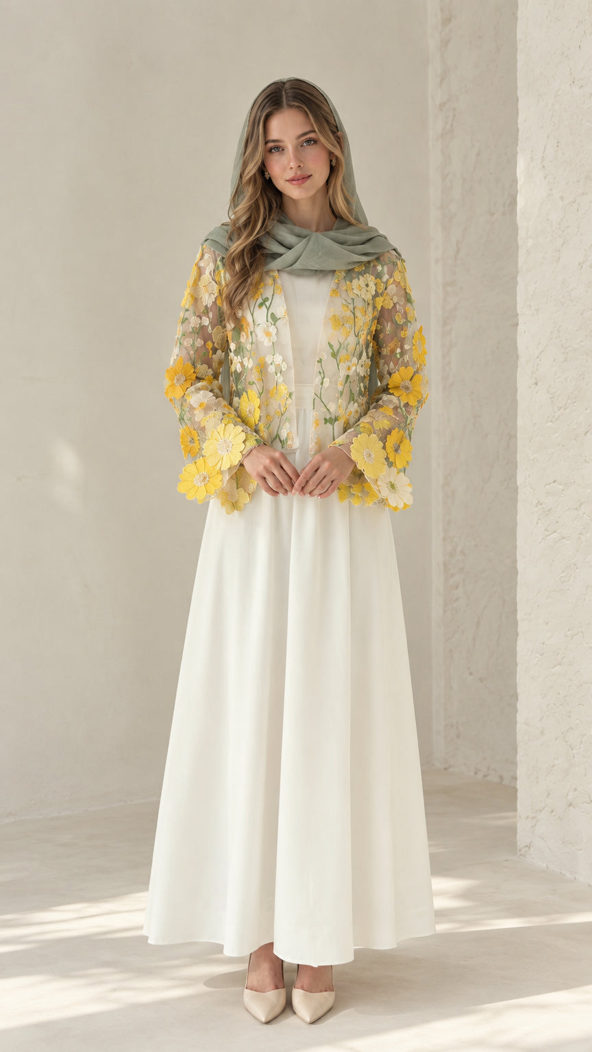 Model wearing white maxi dress set with yellow floral lace cardigan and sage scarf, front view