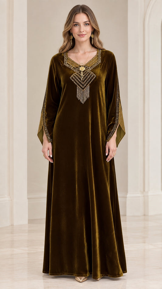 Front view of woman wearing olive green velvet kaftan maxi dress with beaded V-neck fringe