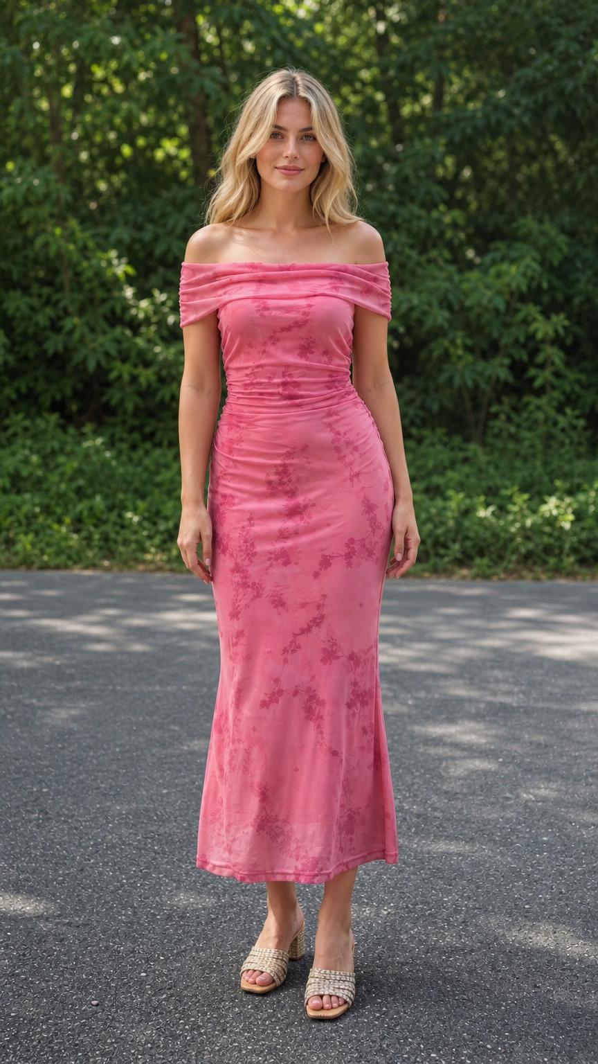 Model wearing pink off-the-shoulder ruched floral midi dress, front view