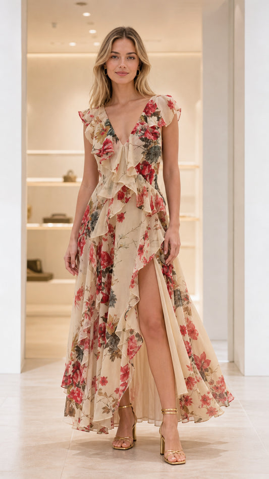 Front view of Champagne Floral ruffle backless maxi dress with plunging V-neck and high leg slit