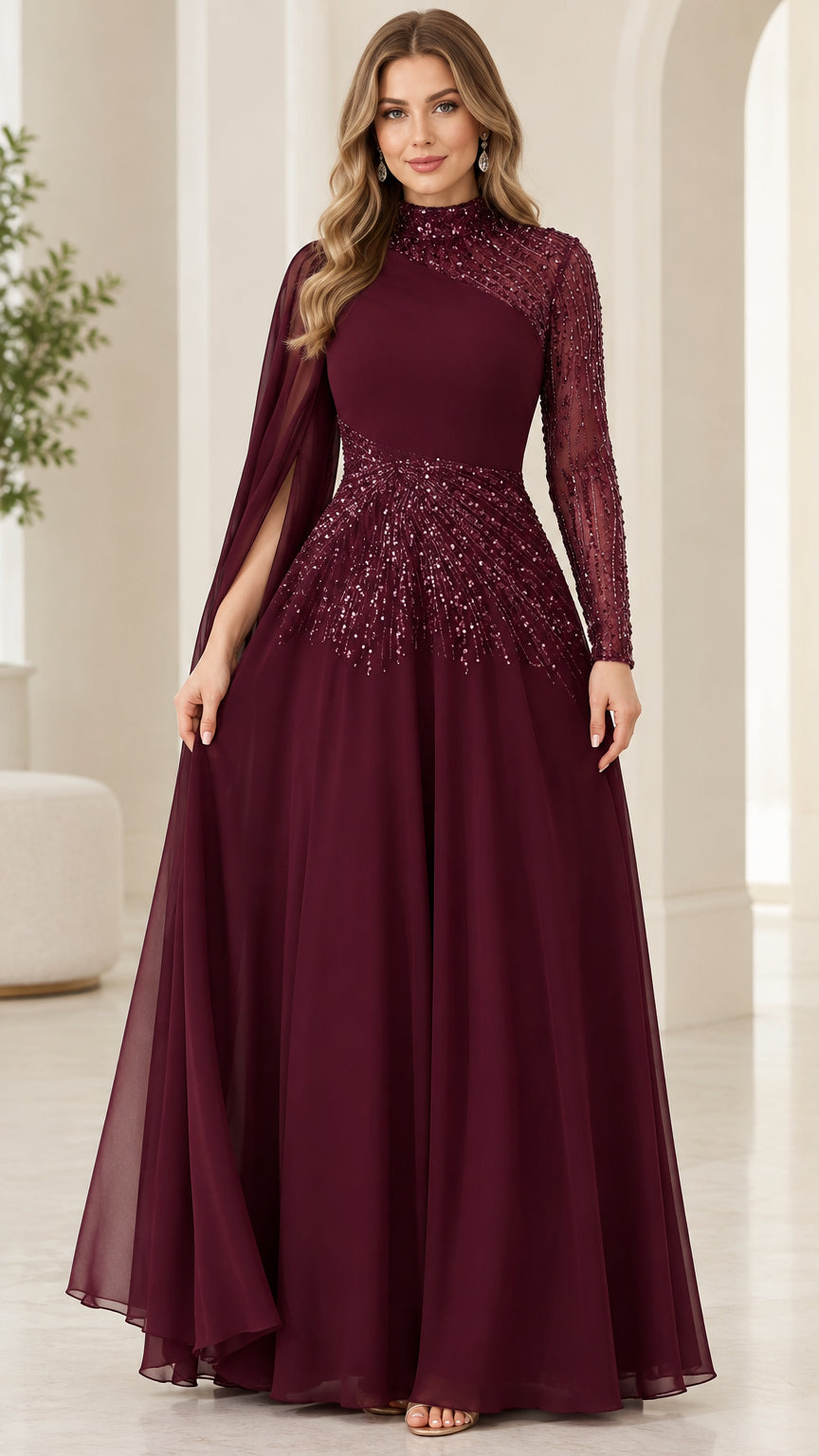 Front view of woman wearing burgundy high neck asymmetrical sequin cape sleeve evening gown