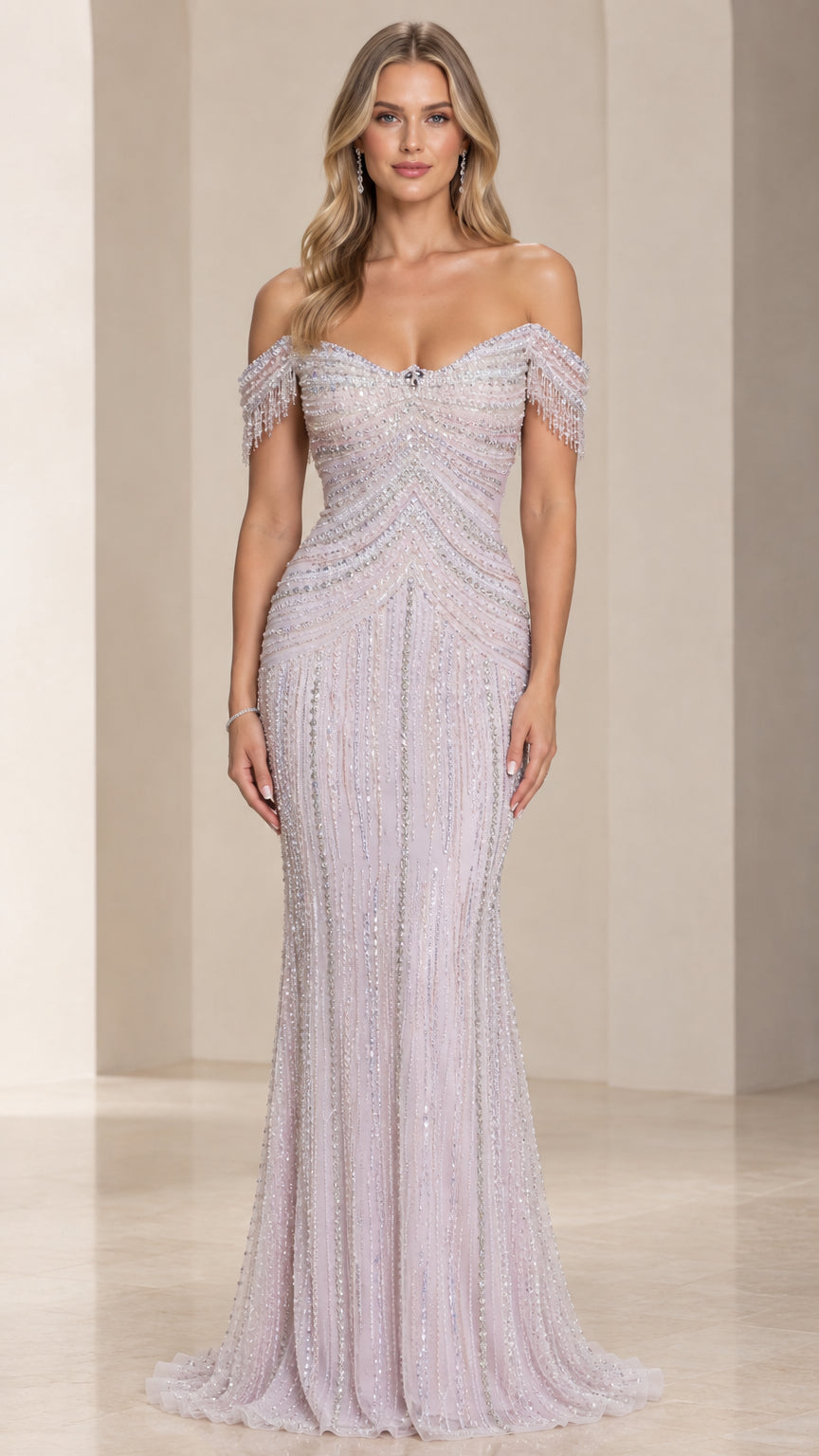 Front view of model wearing off-the-shoulder beaded fringe lavender evening gown