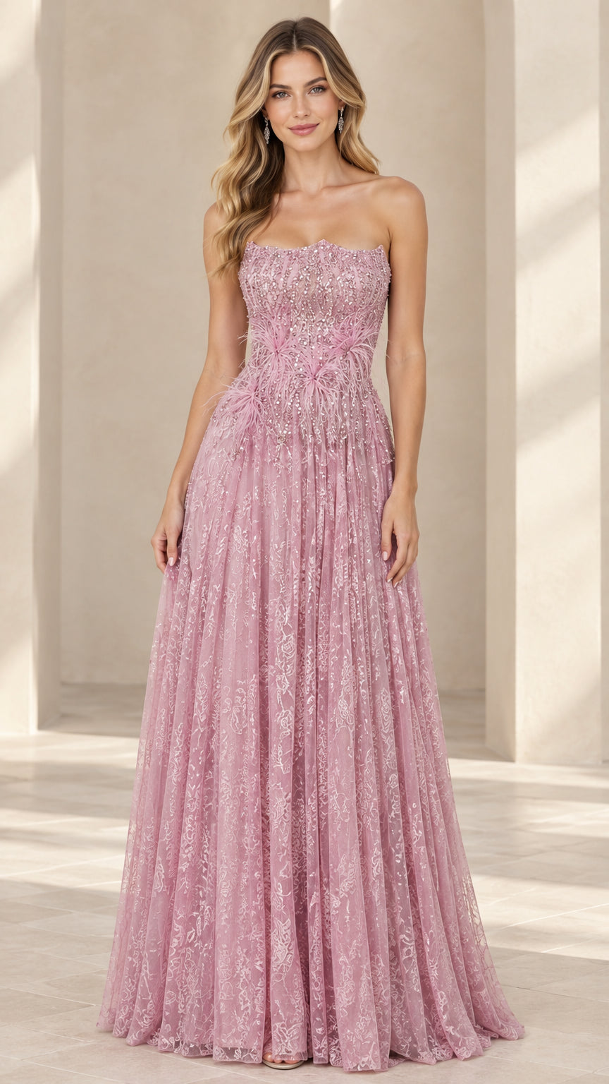 Dusty rose strapless sequin A-line evening gown front view