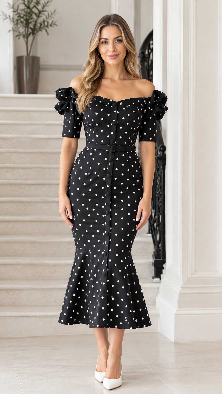 Front view of black off-the-shoulder polka dot mermaid midi dress with belted waist
