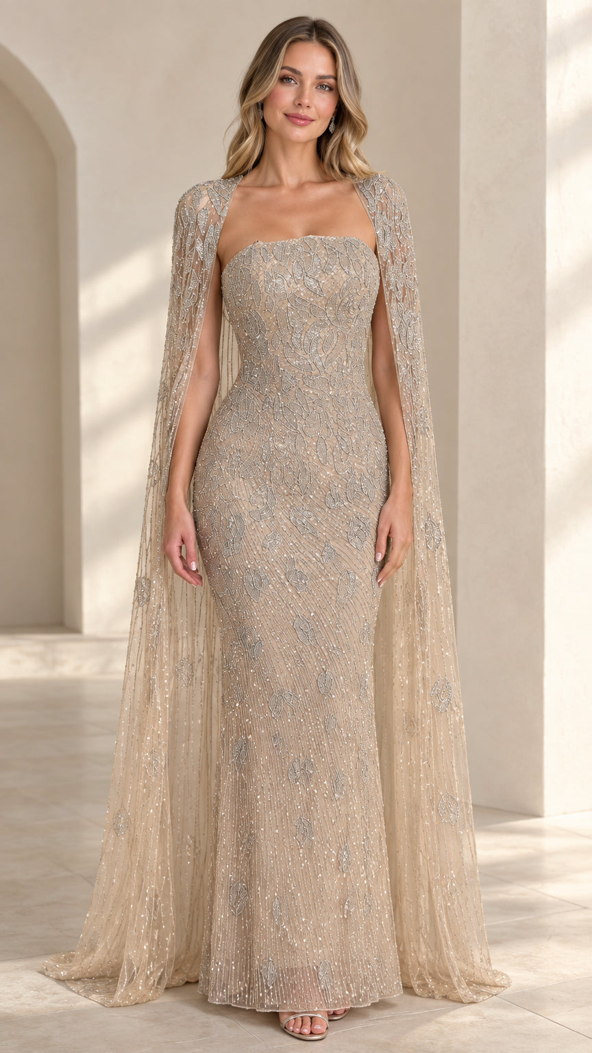 Front view of model wearing champagne beaded strapless evening gown with sheer cape