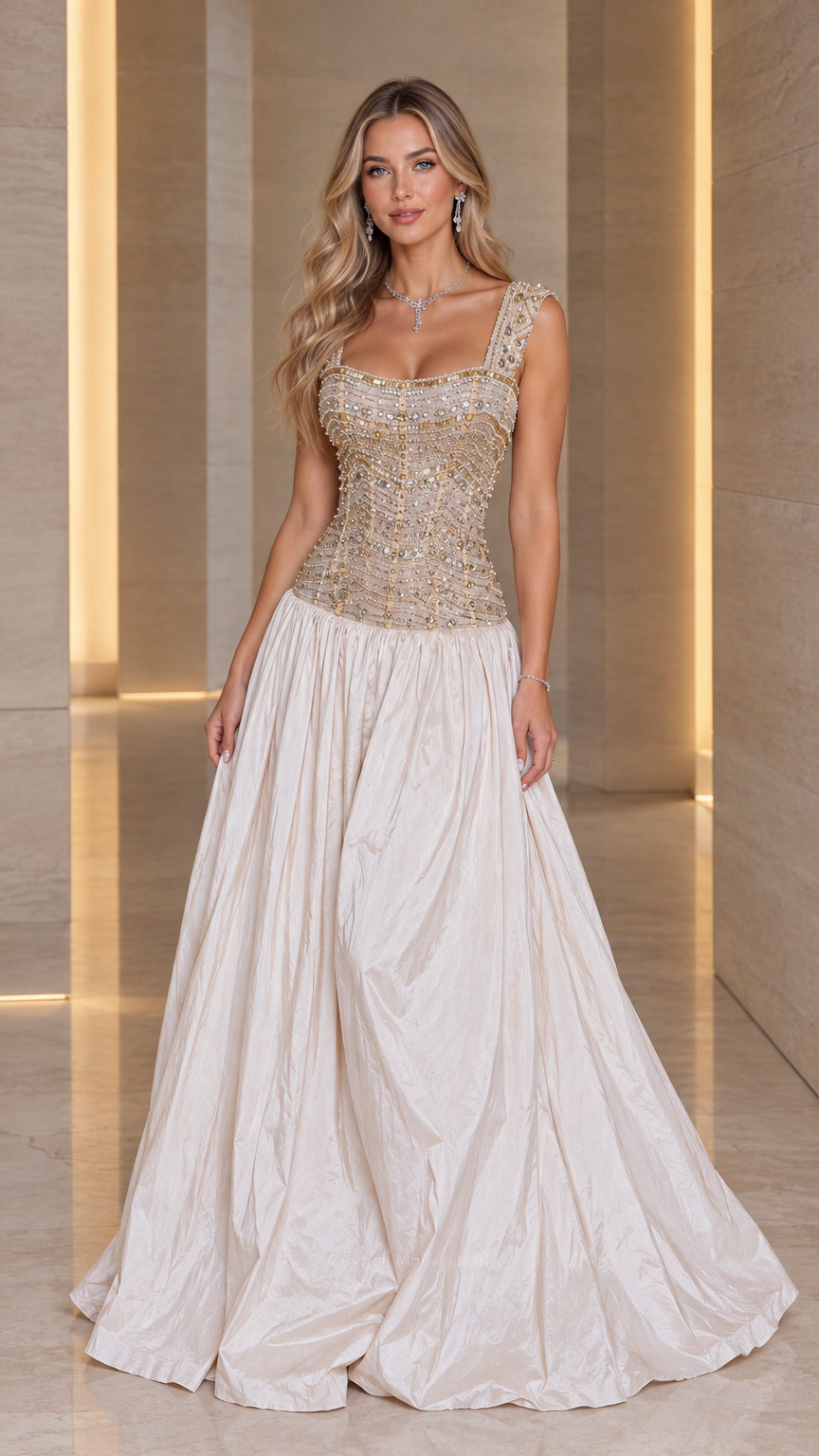 Model wearing Champagne square neck beaded corset ballgown front view
