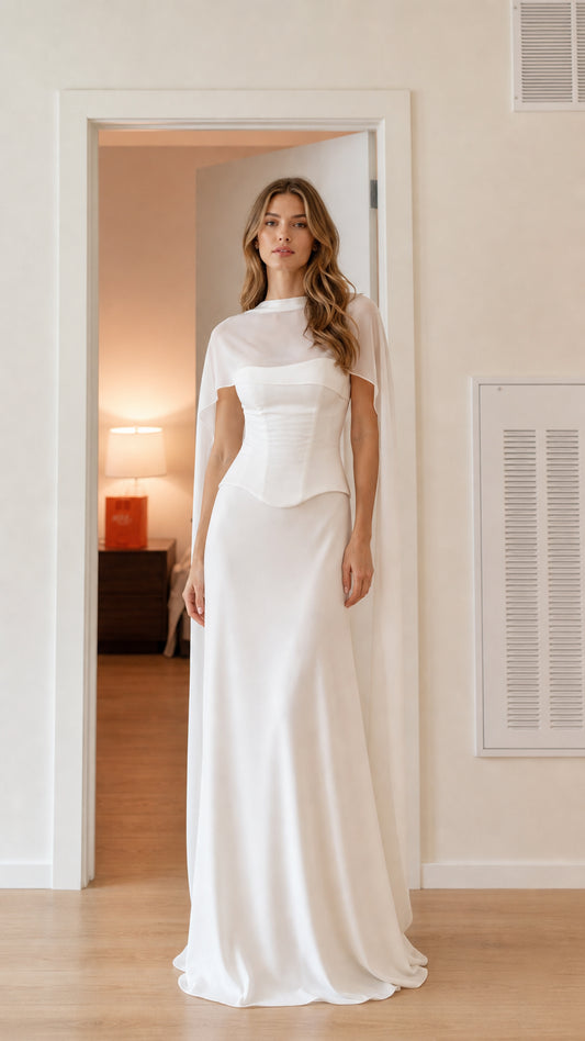 Front view of model wearing white mock neck corset cape evening maxi dress