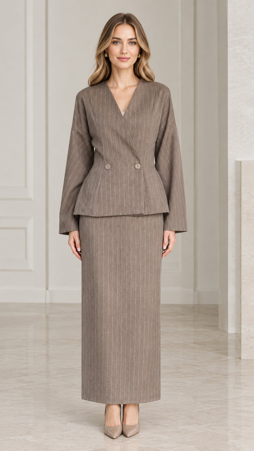 Taupe pinstripe two-piece suit set with peplum blazer and maxi skirt front view