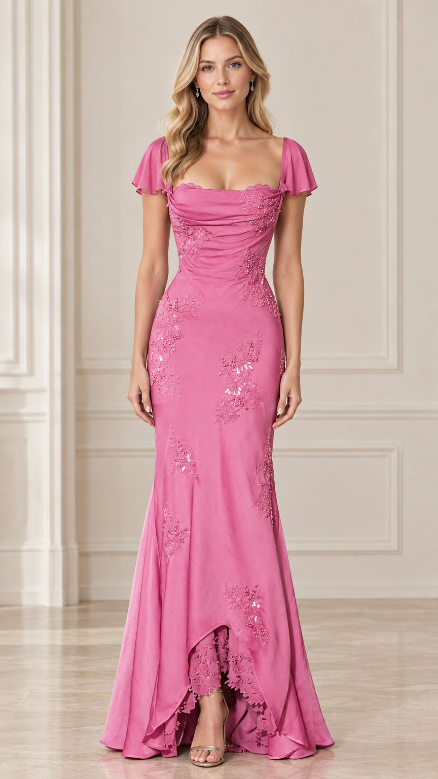 Front view of woman wearing Rose Pink flutter sleeve mermaid evening gown with floral embroidery