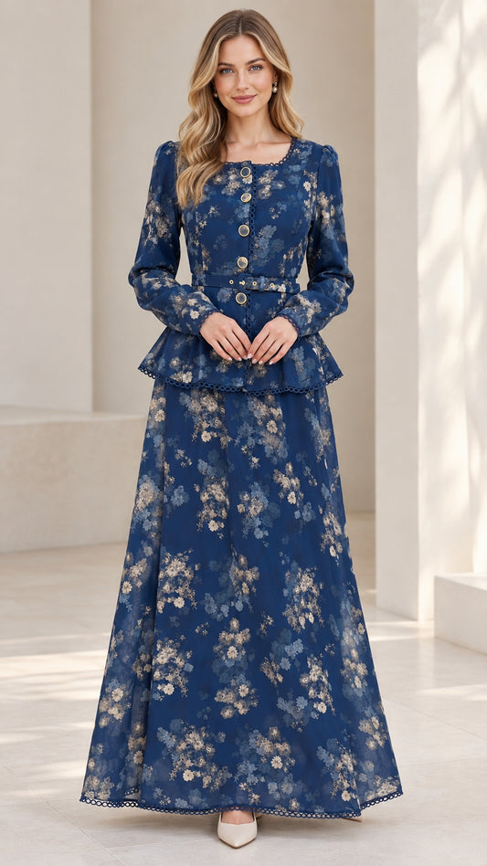 Front view of model wearing Navy Blue vintage floral peplum belted maxi dress