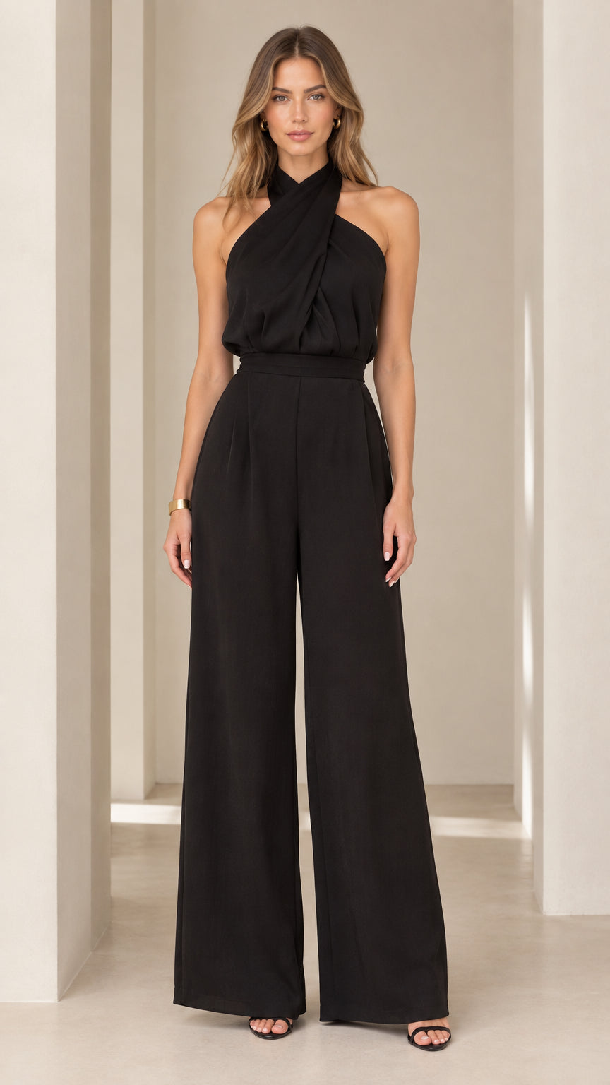 Front view of model wearing black crisscross halter neck wide-leg jumpsuit