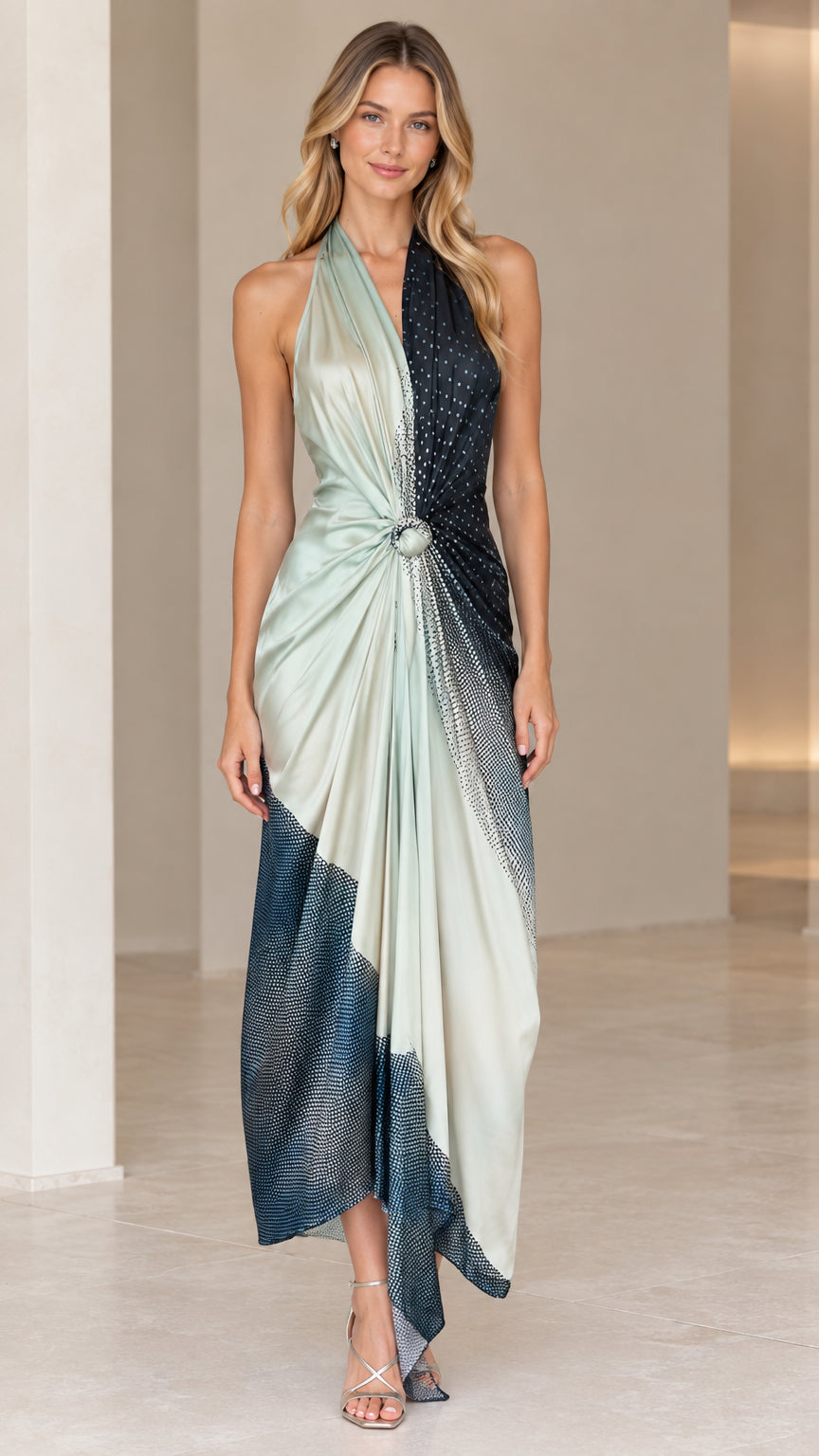 Front view of model wearing Sage Navy halter backless draped maxi dress with center ring detail
