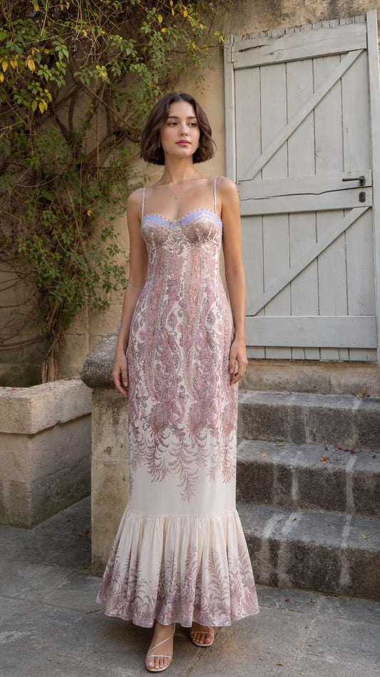 Front view of model wearing pink paisley maxi dress