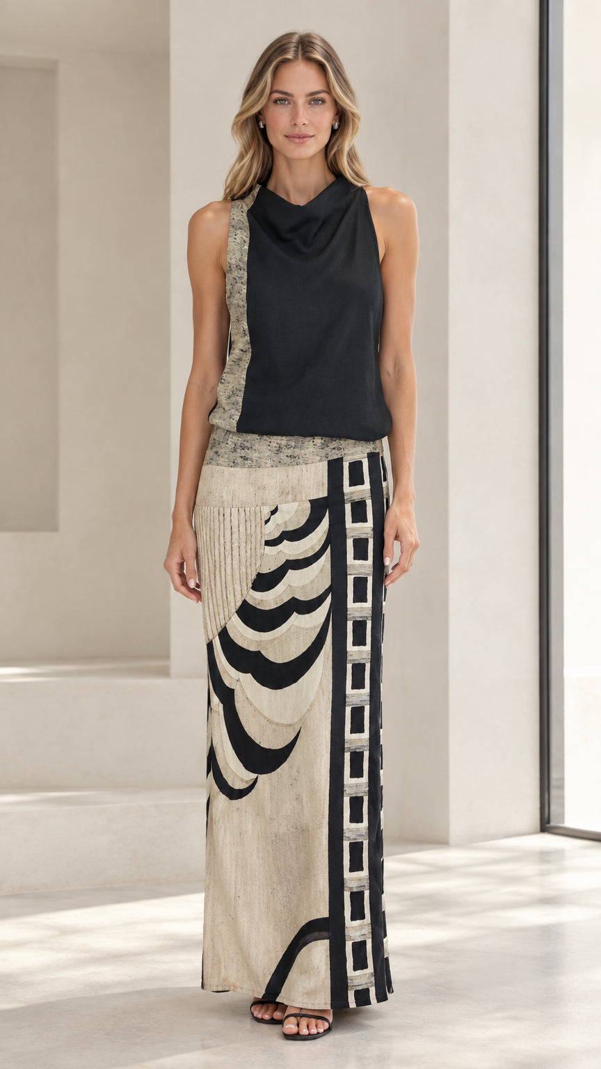 Front full-length view of model wearing black sleeveless cowl neck maxi dress with abstract print