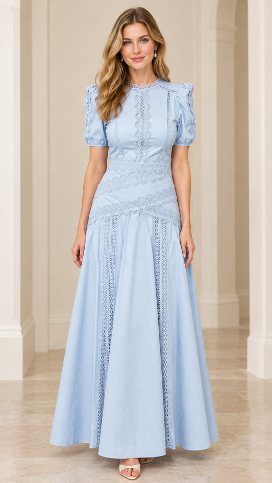Front view of model wearing Light Blue puff sleeve lace-trim A-line maxi dress