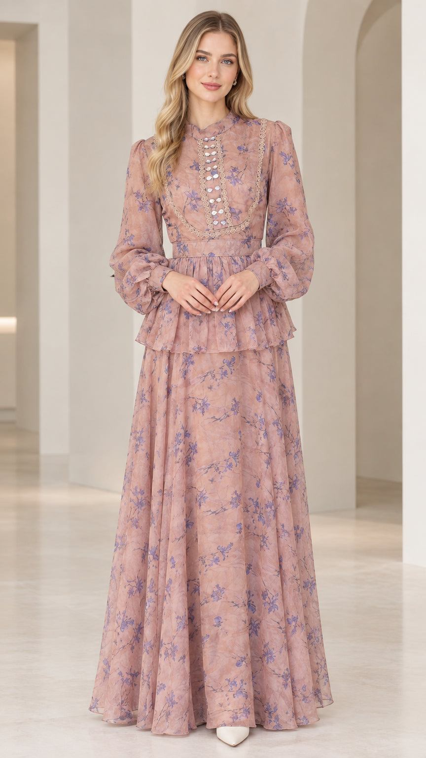 Dusty rose floral peplum maxi dress with lace bodice front view