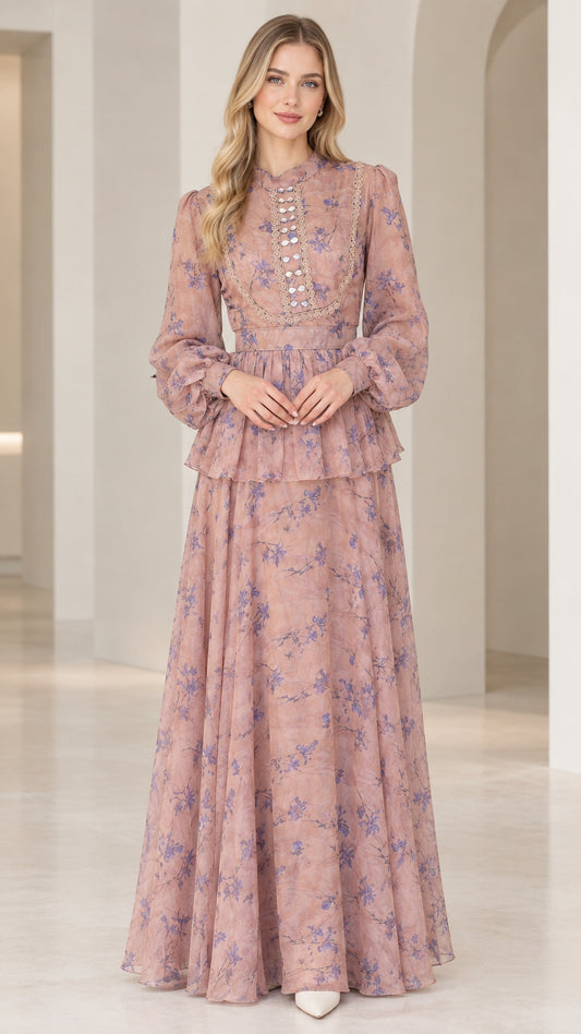 Dusty rose floral peplum maxi dress with lace bodice front view