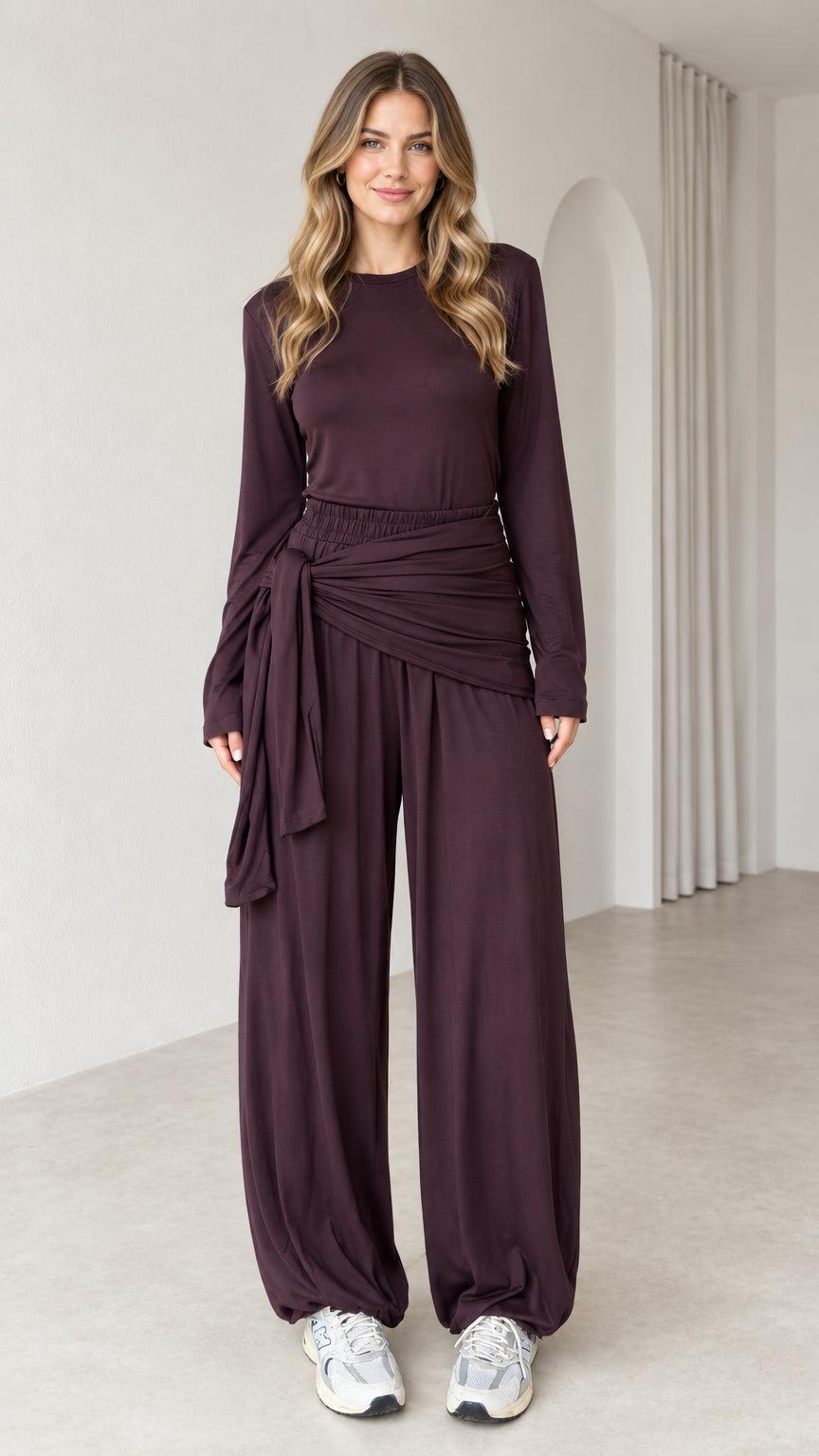 Women's plum 2-piece long sleeve top and draped tie-waist wide-leg pants set front view