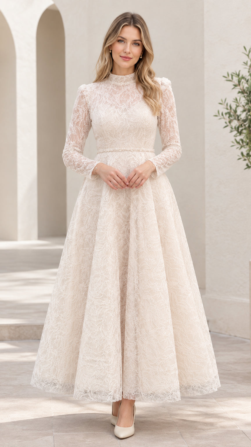 Front view of woman wearing elegant ivory floral lace long sleeve maxi dress
