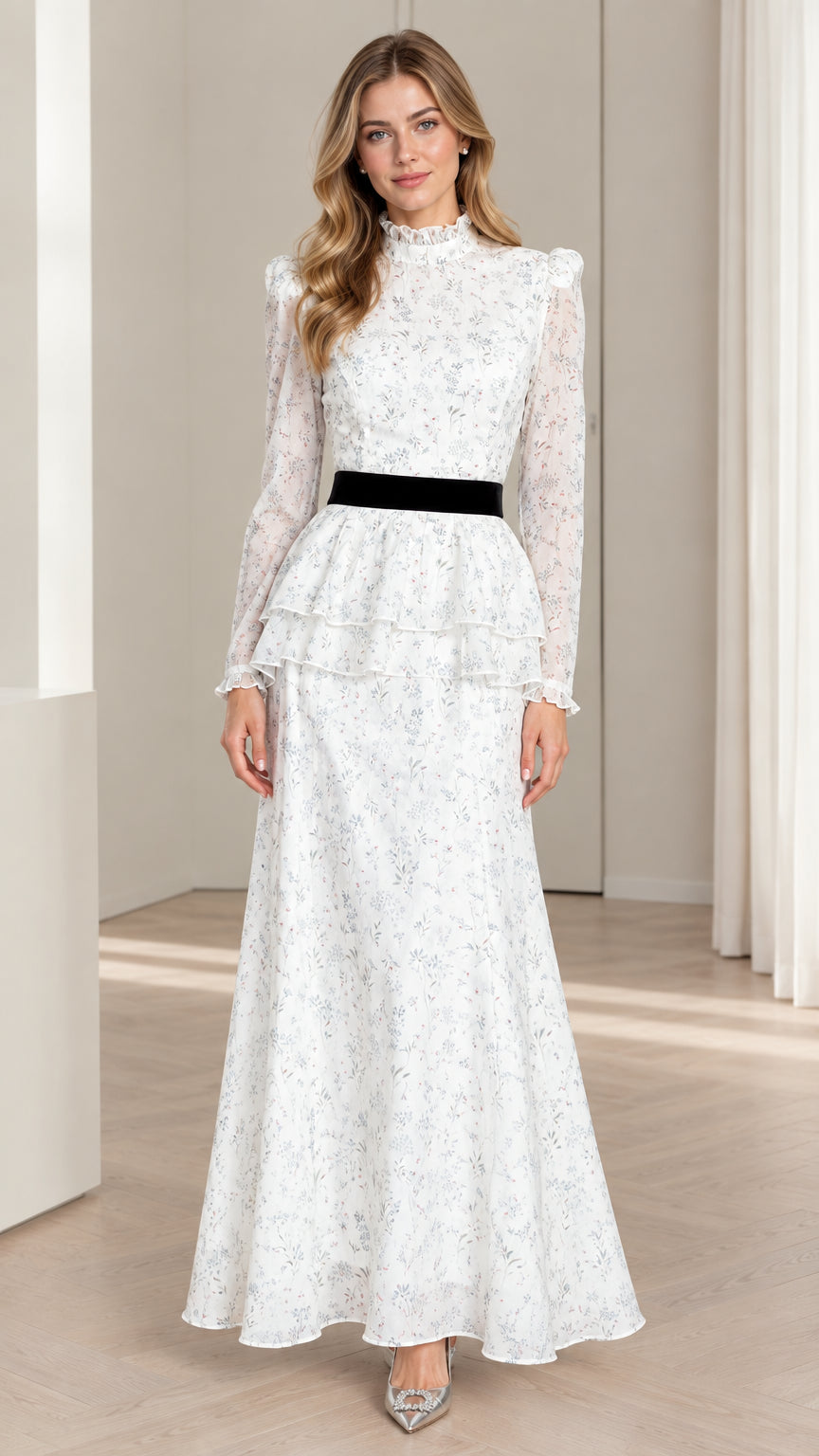 Front view of model wearing white floral tiered peplum maxi dress with black velvet waistband