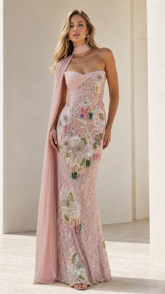 Front view of pink floral beaded strapless evening dress with scarf