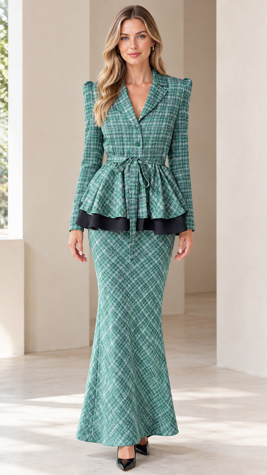 Front view of woman wearing green tweed peplum blazer and matching flared maxi skirt set