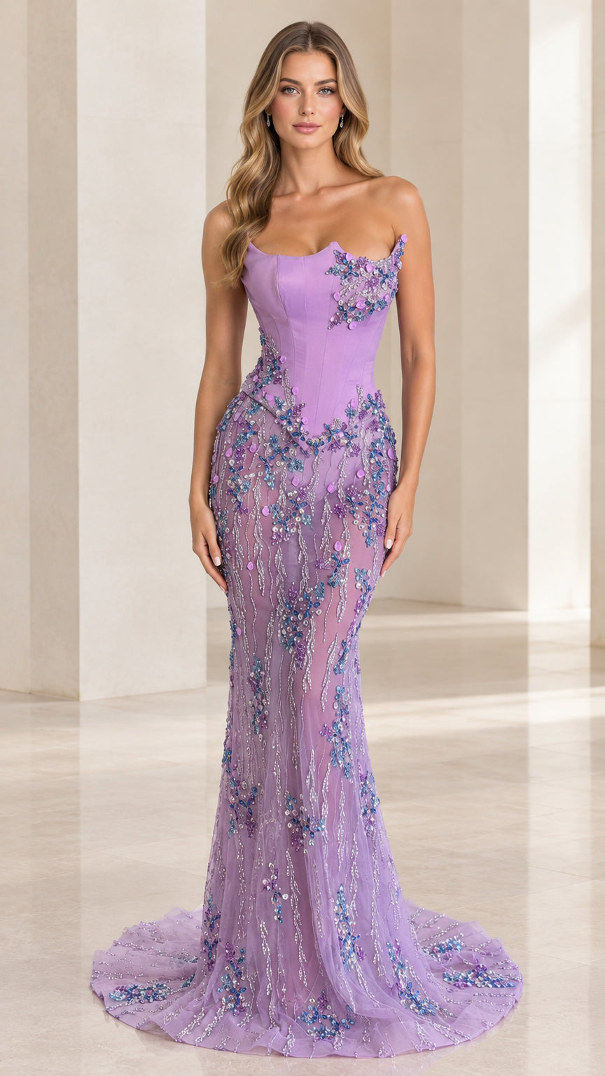 Front view of lavender strapless corset mermaid evening gown with floral sequin embroidery