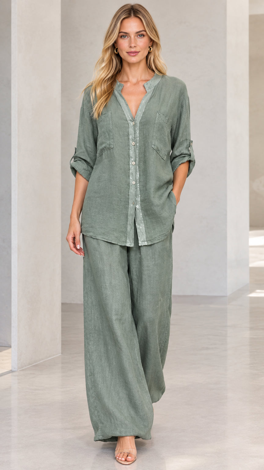 Full front view of women's relaxed sage green button-down shirt and wide-leg pants two-piece set