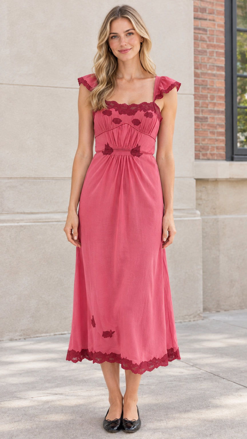 Front view of model wearing Rose Pink embroidered lace trim midi dress