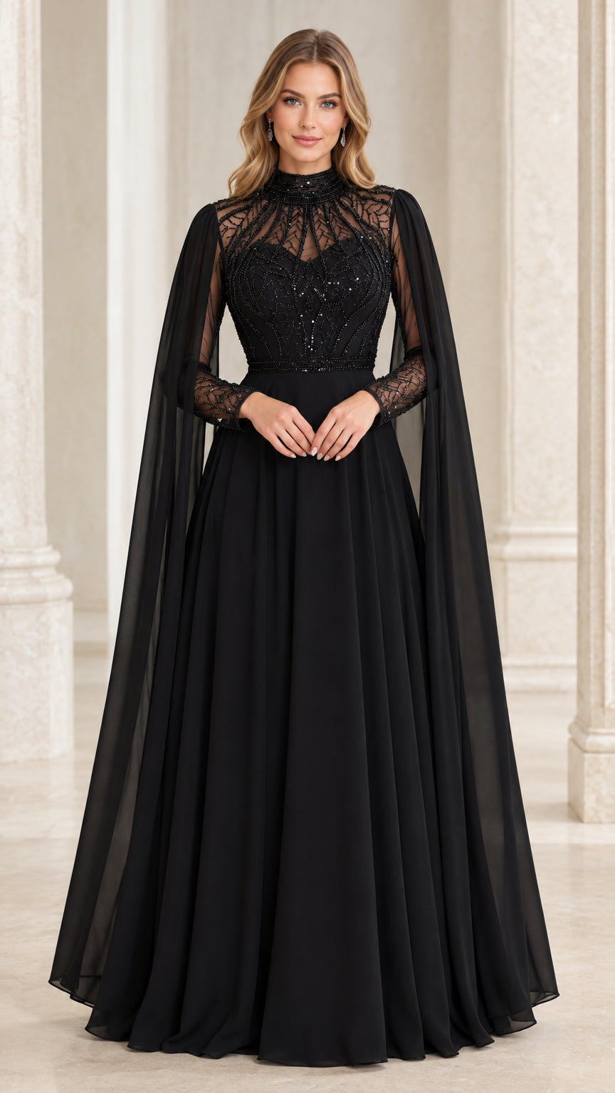 Front view of black high-neck evening gown with beaded bodice and sweeping cape sleeves