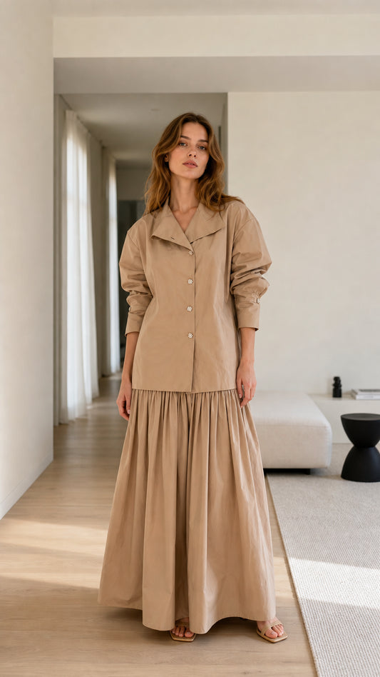 Model wearing khaki two-piece set front view