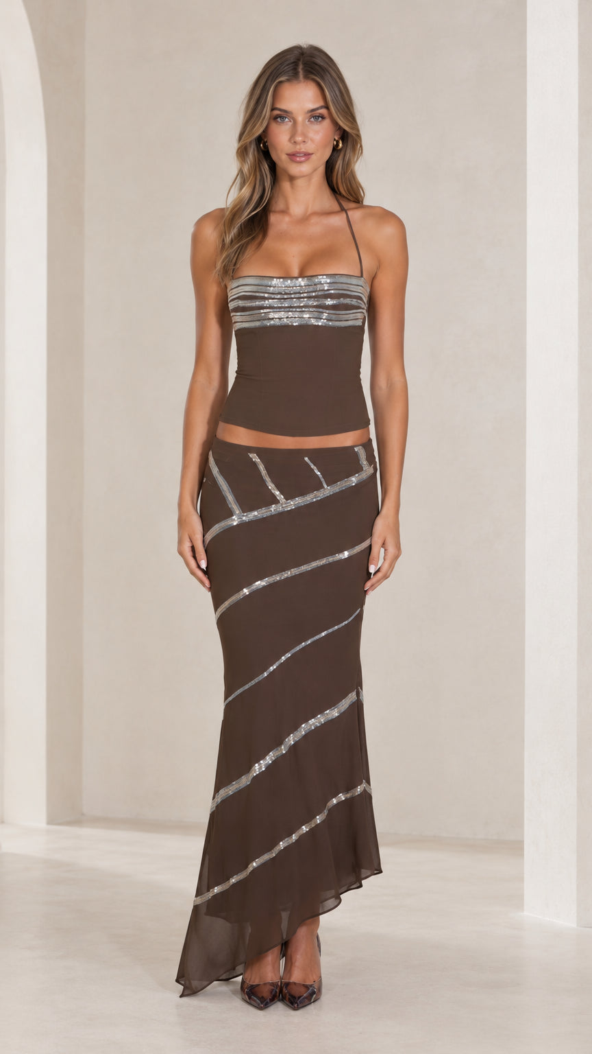 Chocolate brown sequin trim halter top and maxi skirt two-piece set front view