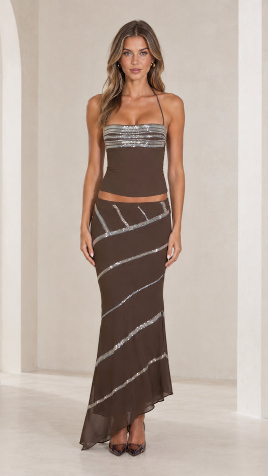 Chocolate brown sequin trim halter top and maxi skirt two-piece set front view