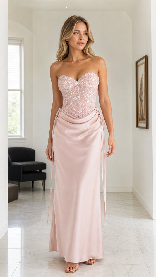 Pink sleeveless sequin corset satin maxi dress front view