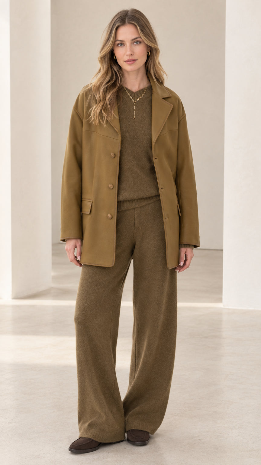 Full front view of women's 3-piece knit lounge and tailored coat set in camel brown