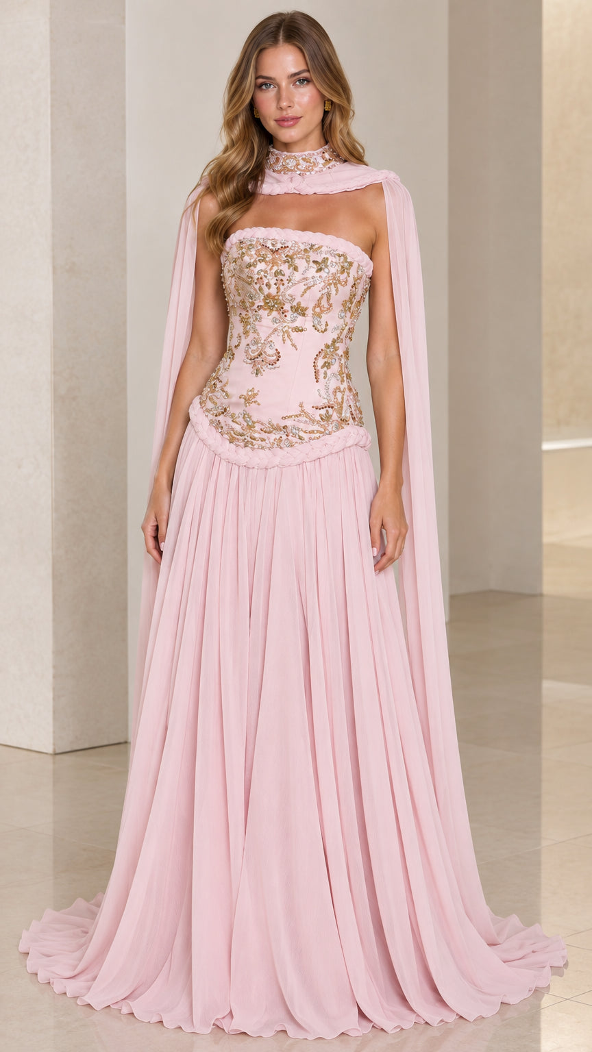 Blush pink strapless embellished corset evening gown with sheer choker cape front view